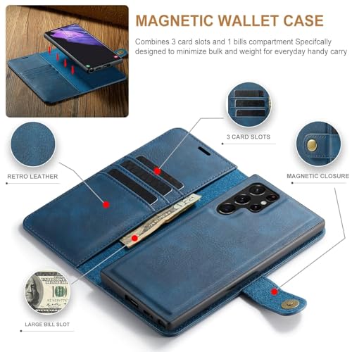 Image of Scalebee BackCover for Samsung Galaxy S23 Ultra Magnetic Detachable 2 in 1 Split Leather Wallet Phone Cover,Genuine Leather Wallet Case,Magnetic Pouch Shell (Blue)