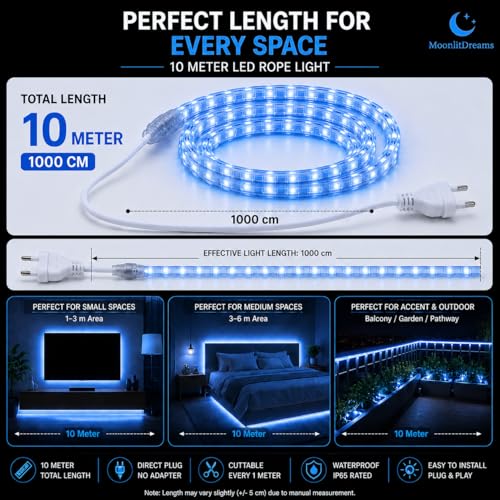 Image of MoonlitDreams 10M LED Rope Light | 120 LEDs /M Waterproof Strip Light | Blue Flexible Cove Light for False Ceiling, Balcony, Bedroom, Garden & Indoor Outdoor Decoration | Plug & Play Decorative Light