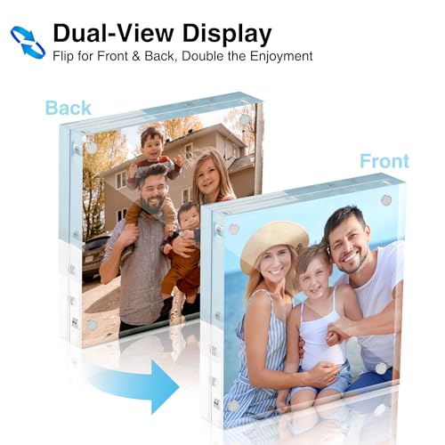 Image of HOUSE DAY Acrylic Picture Frames 4x4, 2 Pack Magnetic 4 x 4 Picture Frame, Double Sided Clear 4x 4 Photo Frame with Microfiber Cloth, Frameless FreeStanding 4x4 Frame Gift for Desktop Display