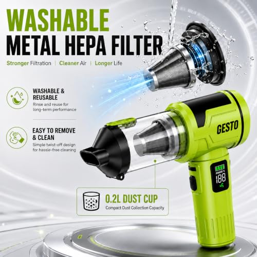 Image of Gesto Car Vaccum Cleaner, 4-in-1 Cordless Handheld Vacuum Cleaner & Air Blower, 18000Pa Portable Mini Vacuum Cleaner for Car, Sofa & Home, 100W Brushless Motor, 6000mAh Battery - 1 Year Warranty