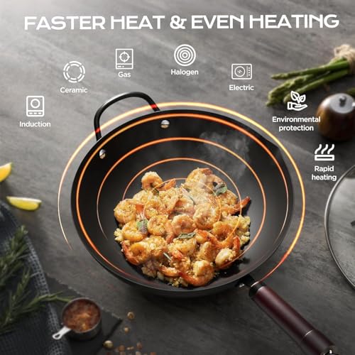 Image of FGJ Wok, 13 Inch Carbon Steel Woks & Stir-fry Pans Nonstick | Pre-Seasoned 5.8QT Flat Bottom Chinese Wok Paella Pan with lid,PFOA /PTFE free Cookware Compatible with All Cooktops
