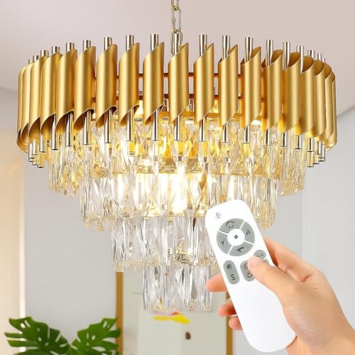 Image of Modern Ceiling Lamp 4-Tier Round Crystal Chandelier for Living Room | Bluetooth Remote Control and Moving Round| Speaker+ Multi Color LED Light (Remote Full Gold, 500MM)