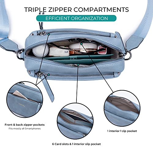 Image of Alldaily Small Triple Zip Crossbody Purse for Women, Vegan Leather Phone Bag with Wide Shoulder Strap