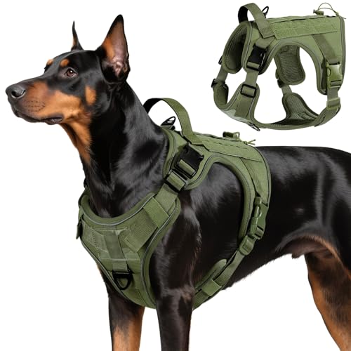 VavoPaw Heavy Duty Tactical Dog Harness for Large Dogs, No Pull Adjustable Pet Harness Reflective Service Training Easy Control Pet Vest Military K9 Working Dog Harnesses, Army Green, L