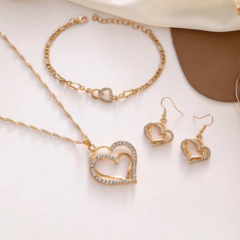 4PCS/Pack Luxury Double Heart Jewelry Set for Women, Hollow Big & Small Heart Crystal Zircon Necklace Earrings Bracelet Set, Elegant Gold Wedding Jewelry Valentine's Day Gifts - Image 4