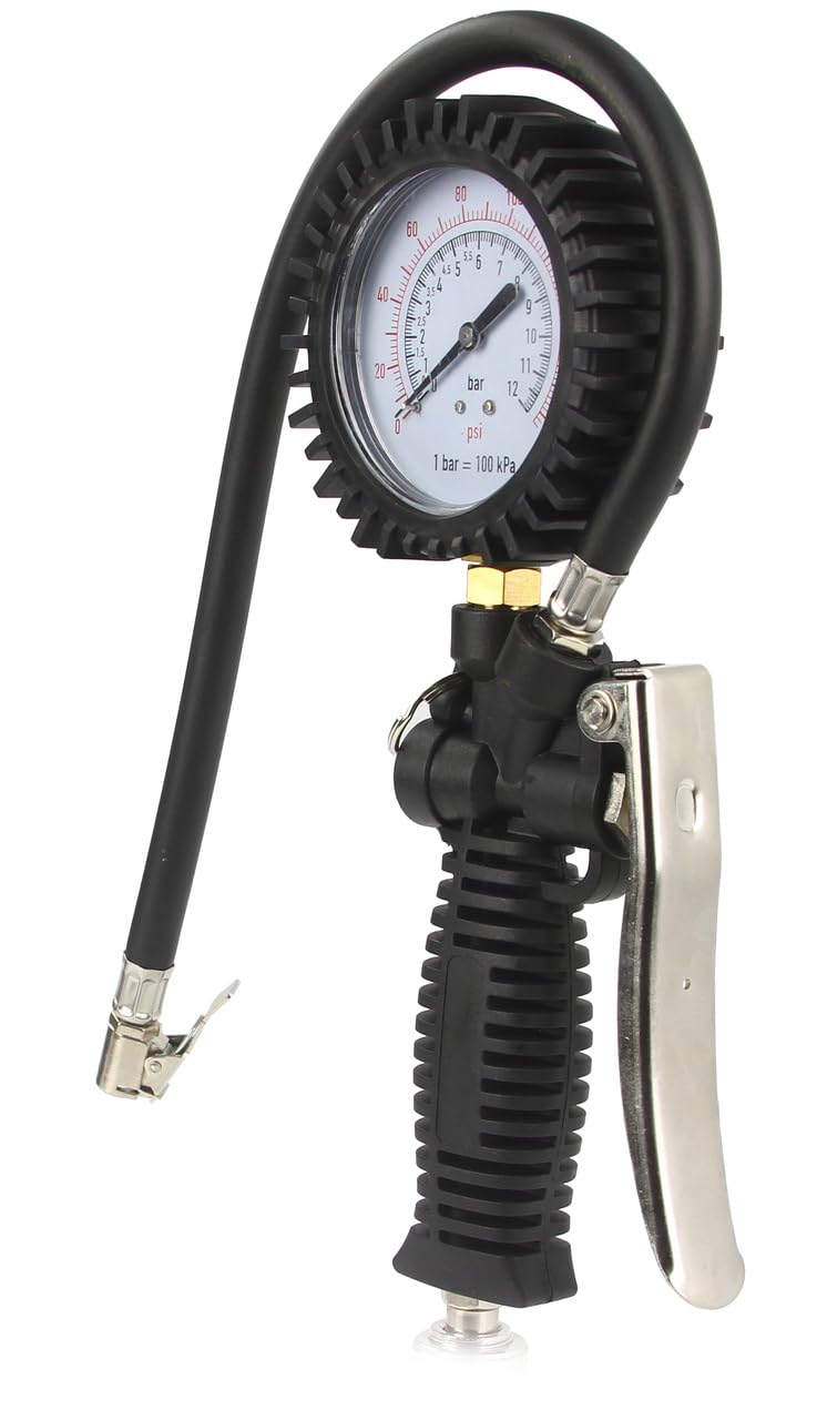 Pistola per Gonfiaggio con Manometro | Scala di Pressione fino a 12 Bar / 170 psi | Attacco Rapido 1/4' | Tubo 44 cm | Valvola a 2 Stadi