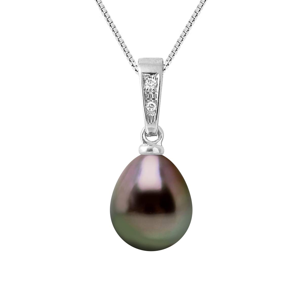 PEARLS & COLORS - Pendentif Diamant 0.010 Cts Véritable Perle de Culture de Tahiti Poire 8-9 mm - Qualité A+ - Disponible Or Jaune et Blanc - Chaîne Offerte - Bijou Femme - Écrin Offert