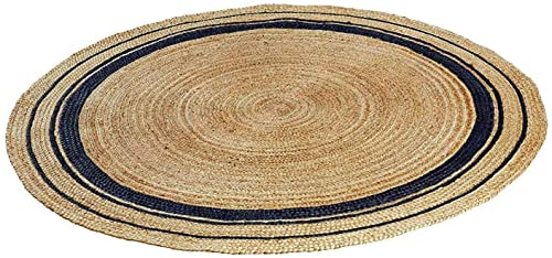 Image of Jute Braided Natural Hand Woven & Reversible Rug for Living Room Kitchen Entryway, Farmhouse Rustic Burlap Carpet Floor Mat (Blackjute, 120cm)