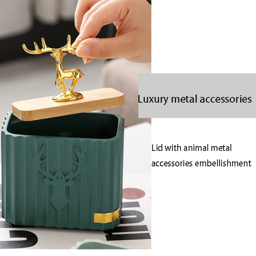 Porta Palillos De Dientes De Resina De Lujo Y Moderno, con Tapa Y Compartimento para Dispensador De Palillos.(Estilo Ciervo Bgreen)