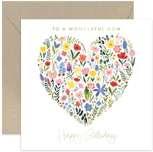 Old English Co. Wonderful Mom Birthday Card - Floral Heart Painting Gold Foil - Cute Women's Flower Card | Blank Inside Envelope