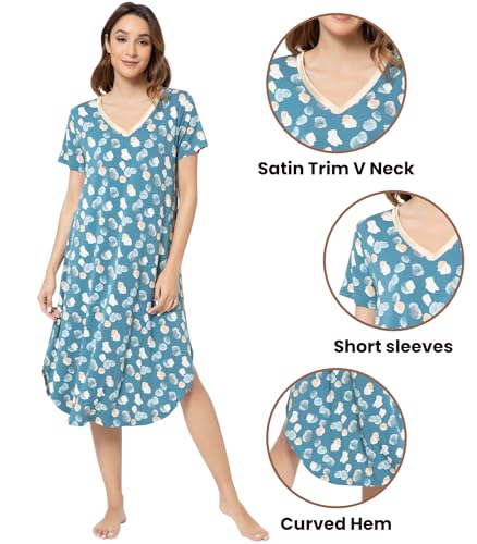 Image of NACHILA Nightgowns for Women-Viscose Made from Bamboo, V Neck Sleepshirts Short Sleeve Sleepwear Cool Nightshirt