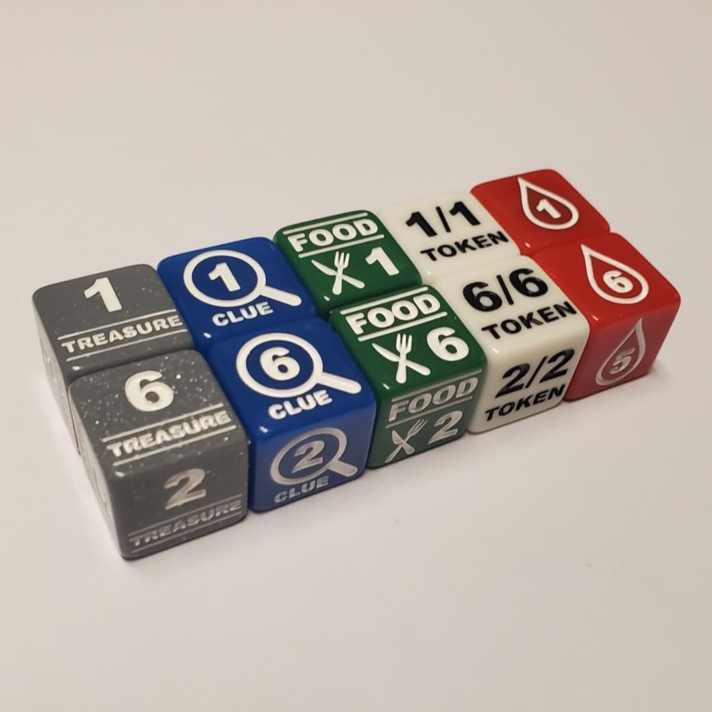 Deluxe Essential Token Dice Set Compatible with Magic: The Gathering (2X Treasure, Clue, Food, Blood & Creature Token Dice)