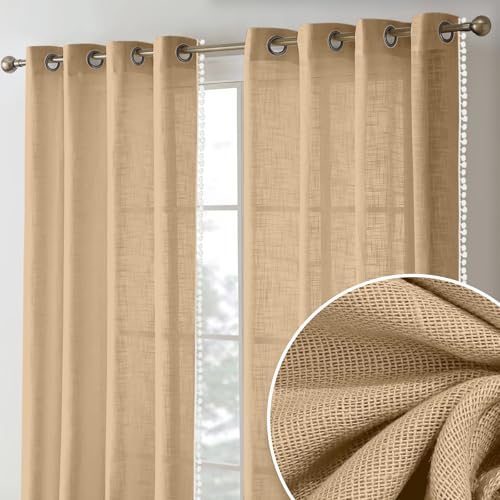 Image of THE LINEN COMPANY Cotton Sheer Grommet Curtains with Side Border Pompom Sheer Curtain for Long Door, Sun Light Filtering, Pack of 2 (Beige, 8 Feet)