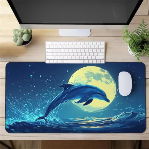 Tapis de souris gamer XXL tapis de bureau antidérapant avec bords cousus motif Dauphin Lune