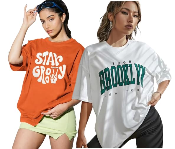 Image of DIAZ Women's Cottonblend Half Sleeve Oversized Drop Shoulder T-Shirt-Pack of 2