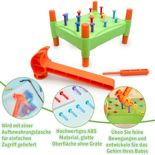 HYSHLC Klopf und Hammerbank mit Stiften und Hammer, Regenbogen-Klopfbank, Spielspaß mit nachhaltigem Motorikspielzeug Baby, Hämmerchenspiel, ab 3 Jahr