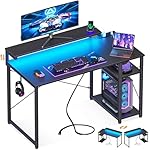 MOTPK Gaming Desk with Led Lights & Power Outlet, 40 Inch Small Gaming Computer Desk with Shelves, Reversible Gamer Desk Table with Adjustable Monitor Stand & Headphone Hook, Carbon Fiber Texture