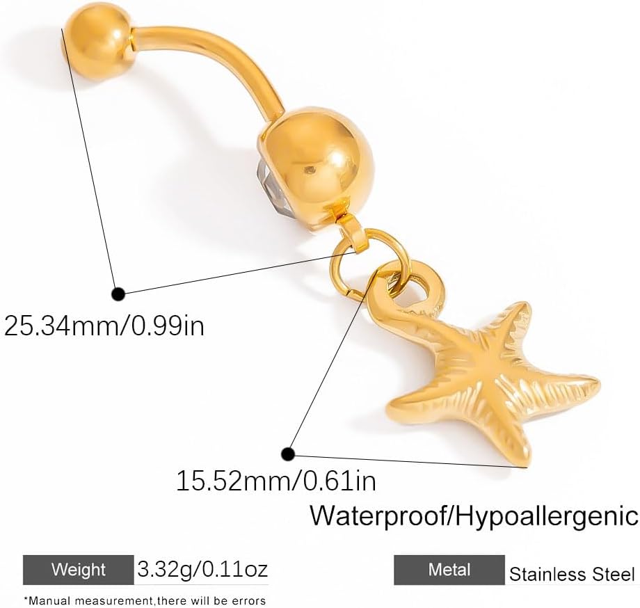 14G Starfish Dangle Belly Button Ring for Women Stainless Steel Rhinestone 18k Gold Plated Star Dangling Navel Rings Curved Barbell Studs Bar Simple Sexy Body Piercing Ocean Summer Beach Jewelry - Image 6