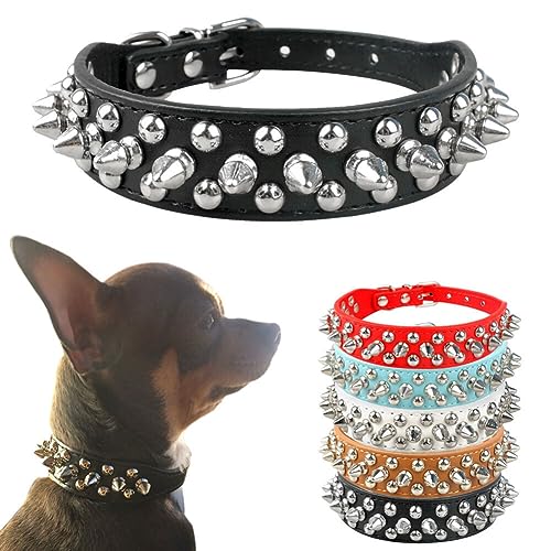 Hundehalsband mit Nieten, PU-Leder, Pitbull-Nieten, verstellbares Halsband (schwarz, 27–32 cm)