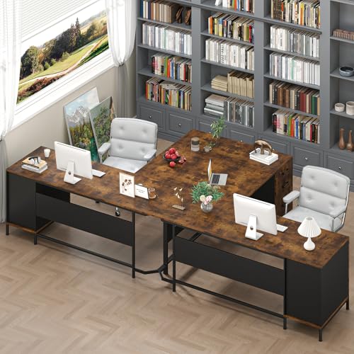 TVU 59’‘ L Shaped Desk with 6 Drawers, Large Home Office Corner Computer Desk with Storage File Cabinet, Modern Metal Wood Desk for Executive Writing Study Workstation (Rustic Brown)