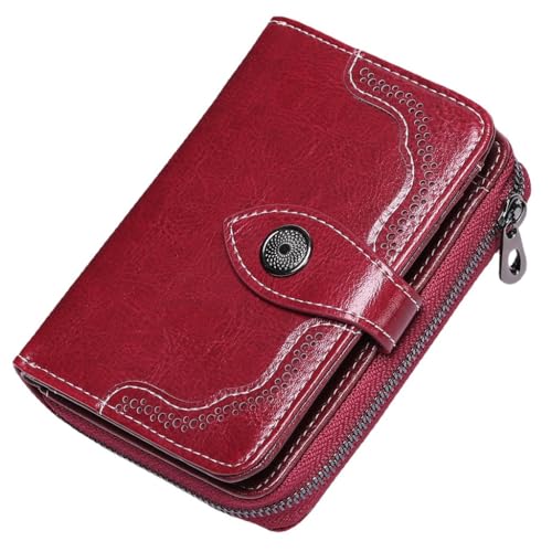 Leather Women's Short Purse Two-fold Women's Zipper Vintage Oil Waxed Cowhide Money Clip