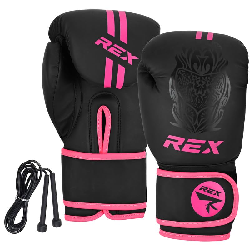 Rex Sports Boxing gloves with FREE Skipping Rope, Training gloves, Heavy duty punching gloves Boxing Gloves for punching bags & sparring training kids & adult size 2 OZ to 16 OZ (PINK/BLACK, 16 OZ)