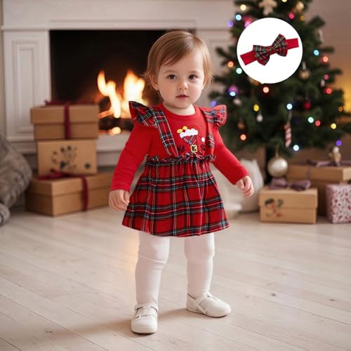 My 1st Christmas Baby Girl Outfits Letter Santa Hat Embroidery Romper Plaid Suspender Skirts Headband Set3