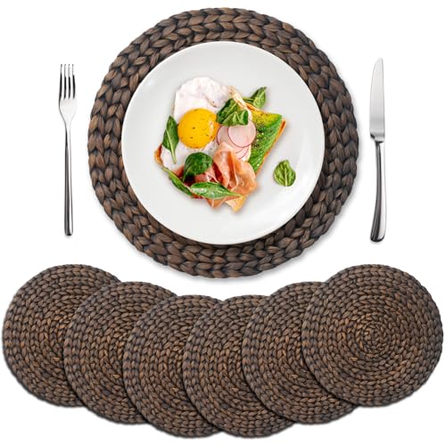 6 Pack, Round Woven Placemats, Natural Water Hyacinth Wicker Place mats, Braided Straw Table Mats for Dining Table, Fall, Halloween, Thanksgiving, Chrismats, Black (13
