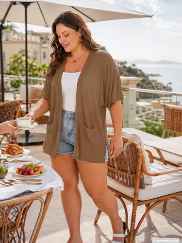 Image of AusLook Plus Size Cardigan for Women Short Sleeve Lightweight Open Front Shrug with Pockets for Dresses and Layering 1X-5X