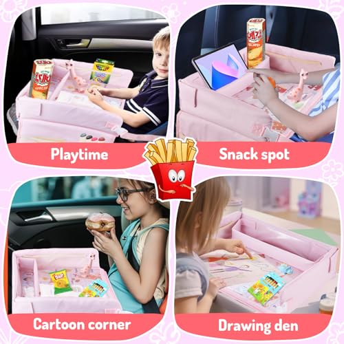 Image of Car Seat Tray for Kids - Toddler Travel Essential Car Activity Table, Waterproof Snack Tray for Eating, Lap Desk Organizer, Airplane Travel Essentials, Girl Boys Car Accessories - Pink