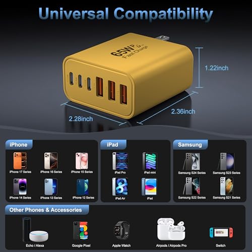 Image of 65W USB C Charger Block,6-Port Multi Device Fast Charger PD QC Wall Adapter | GaN technology saves space and reduces heat,ideal for home,office,travel,wide compatibility for iphone & USBC devices(Yellow