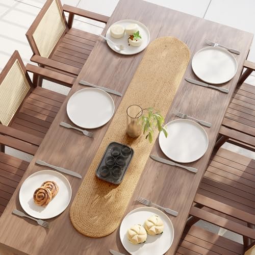 Image of Encasa XO Dining Table Runner | Handmade Woven Natural Jute Runner | Size 30x137 cm | Jute Natural Bleach Color | Heat Resistant Rustic Home Decor for Coffee, Teapoy Cover & Center Table