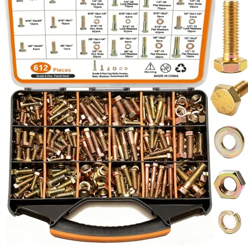 612pcs Heavy Duty SAE Grade 8 Bolts and Nuts Kit, 1/4-20,5/16-18,3/8-16,1/2-13 Bolt Assortment Kit Including Nuts Washers, Yellow Zinc Plated