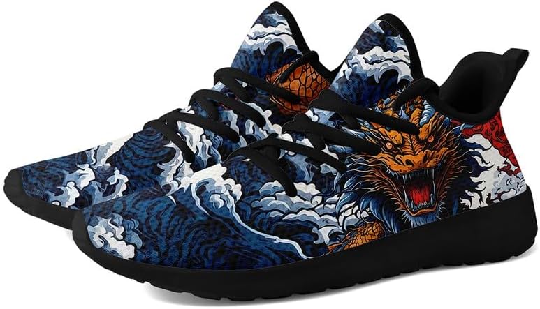 Men's Dynamic Dragon-Print Athletic Road Running Shoes Lightweight Walking Sneaker with Mythical Design Black Cool Tennis Shoes