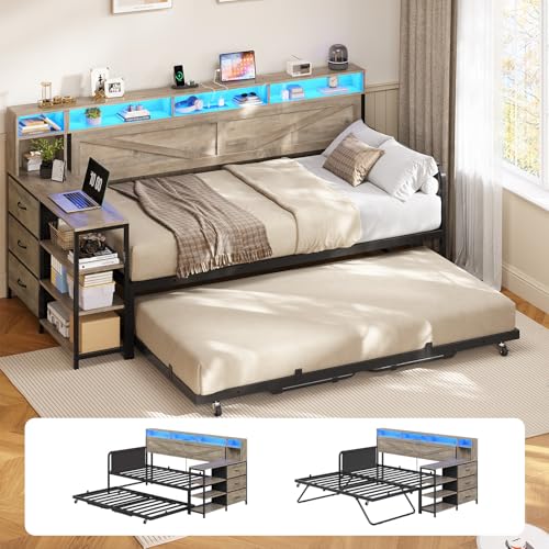 Image of MSmask Daybed with Trundle, Day Bed with 3 Storage Drawers and Headboard, Farmhouse Wooden Twin to King Daybed Frame with Charging Station and LED Lights for Bedroom, Grey