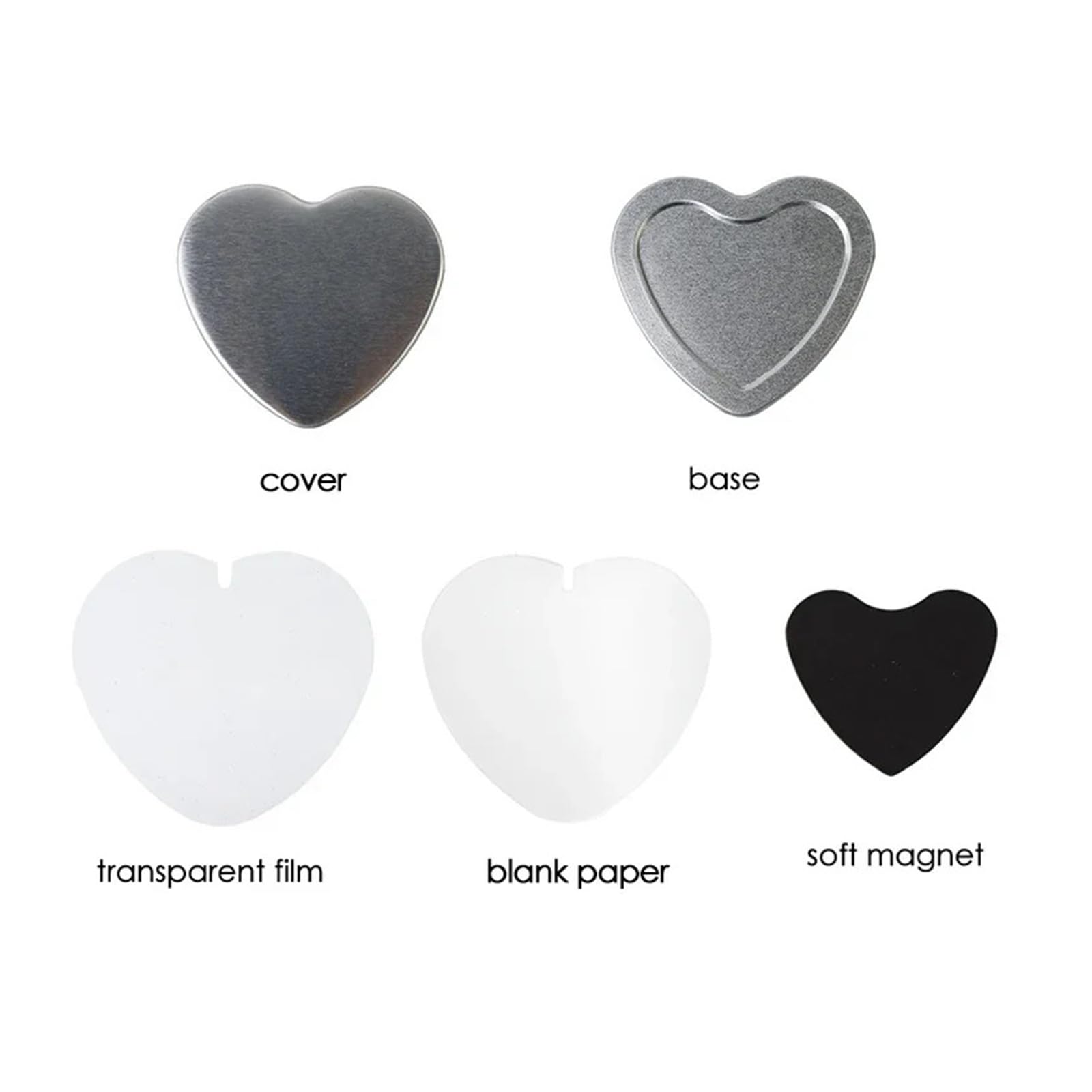 Lot de 100 badges en métal en forme de cœur, 57 x 53 mm, for fabrication de badges, aimants et épingles Compatible