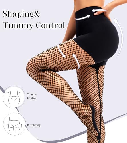 QWD Black Fishnet Tights For Women High Waist Tummy Control Shapewear Leggings Fishnet Pantyhose4