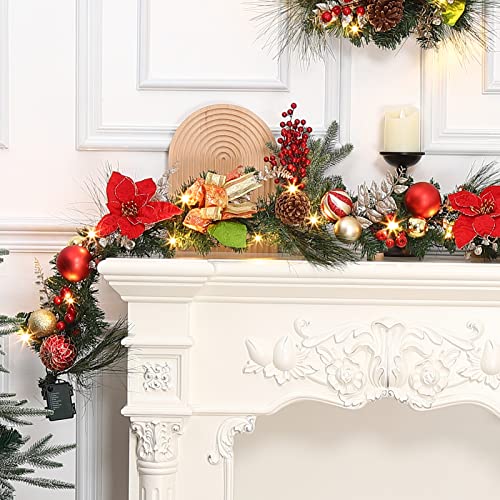 Adeeing 6FT Christmas Garland with Lights, Xmas Battery Operated Artificial Rattan with Classic Red Gold Decorations, Xmas Garland for Home Indoor Fireplace Mantle Outdoor Decor, Red