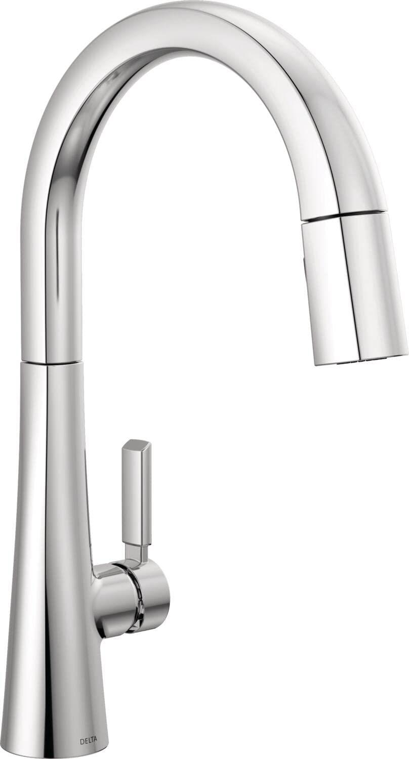 Delta Monrovia Chrome Kitchen Faucet with Pull Down Sprayer, Modern Single Hole Kitchen Sink Faucet, Single Handle, Lumicoat Chrome 9191-PR-DST