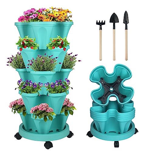 DUNCHATY Stackable Planter, Vertical Garden Planter with Wheels and Tools, Self Watering Strawberry Planter Indoor/Outdoor 5 Tier Herb Planter Pots for Growing Vegetables and Succulents, Teal
