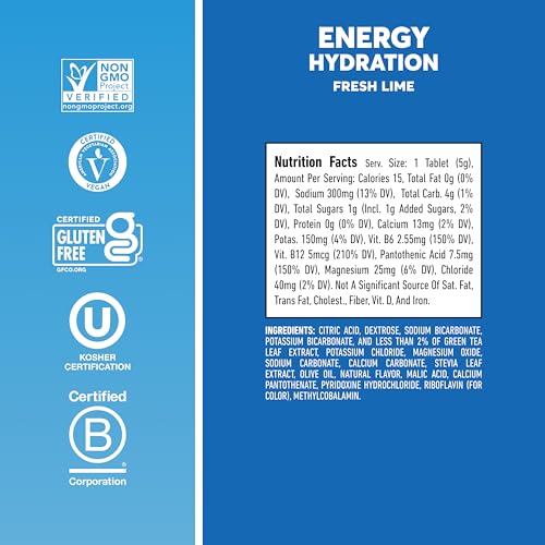 Image of Nuun Energy Caffeine + B Vitamins, Electrolyte Hydration Tablets with Caffeine from Green Tea Extract, Magnesium & 4 Other Electrolytes, Gluten Free, Vegan, Fresh Lime, 8 Pack (80 Servings Total)