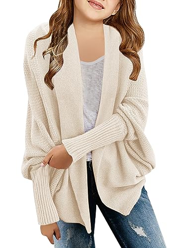 Image of Girls Open Front Cardigan Sweaters Batwing Long Sleeve Shawl Collar Ribbed Knit Winter Coats
