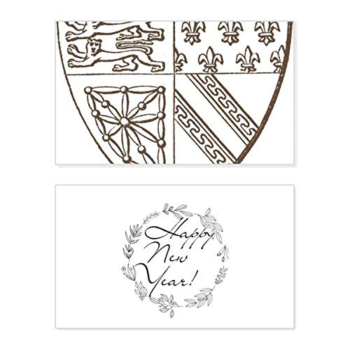 Tarjeta de Año Nuevo en blanco y negro con ilustración de escudo de león barroco