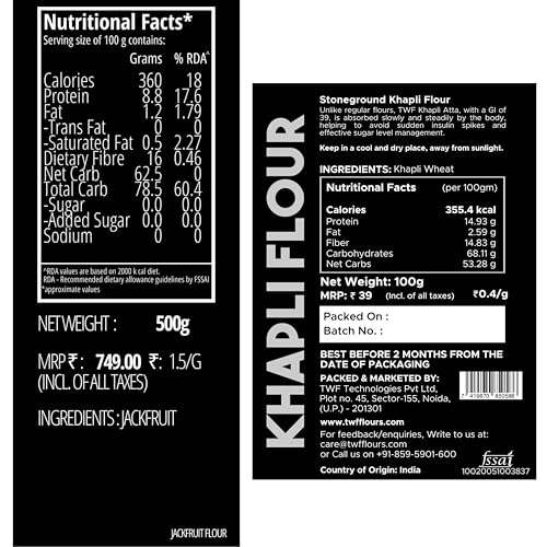 Image of TWF Assam Raw Jackfruit Flour 500g + 100g Khapli Free | 100% Kathal Atta | Grown in Assam's Limited Yield Jackfruit Farms with More Care | Gluten-Free | Zero Bitterness | Helps Control Sugar | 500g