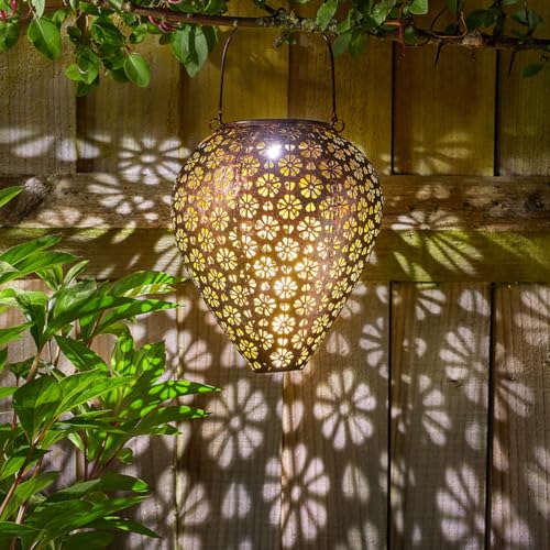 Festive Lights - Farol solar colgante de jardín de bronce de 23 cm con intrincado diseño de margaritas, LED blanco frío, metal resistente a la intemperie, clasificación IP44, iluminación decorativa al