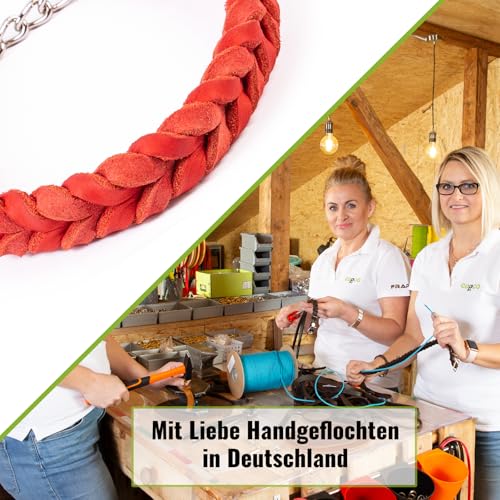 CopcoPet Fettleder Halsband 60–65cm x 25mm Rot – Geflochten mit Zugstopp-Kette – Robust & weich – Verchromte Kette – Lederhalsband für große Hunde, Training & Alltag