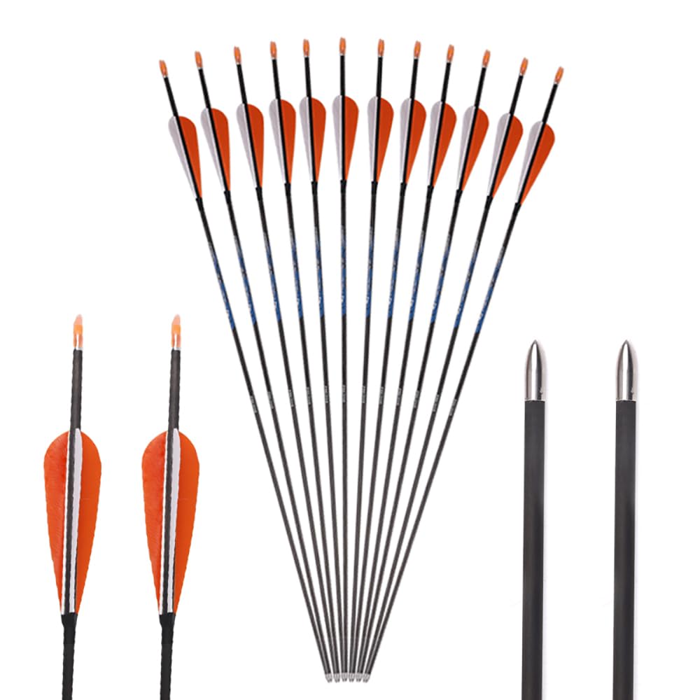 ACCMOS 12 pc ID 4.2mm Pure-carbon Arrow Spine 300 350 400 450 500 600 700 800 900 1000 Hunting Practice Arrows for Compound Bow Recurve Bow Shooting (Spine 900, 30inch)