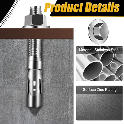 12er Set Bolzenanker Schwerlastdübel, M10x110MM Schwerlast Bolzenanker Keilanker Blitzdübel, Ankerschrauben aus Verzinktem Stahl für Geländer, Fenster, Vorhangfassaden, Maschinen