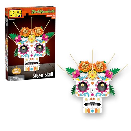 Brickcraft Sugar Skull Building Kit 354 Pieces | Day of The Dead & Da de Los Muertos Decoration | DIY Floral Skull with Display Stand | Colorful Halloween & Fall Home Dcor Gift Ages 8+