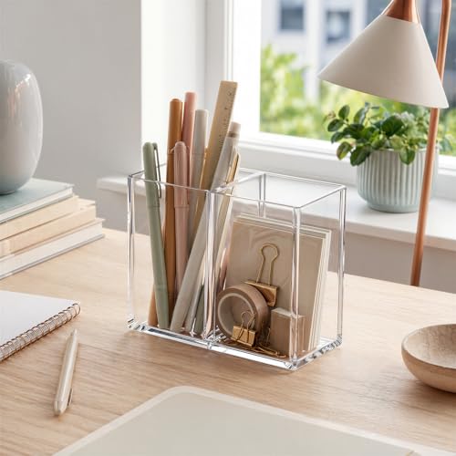 Image of Gejoy 20 Pcs Acrylic Pencil Pen Holder Clear Makeup Brush Organizer 2 Compartments for Desktop Stationery Office Bedroom